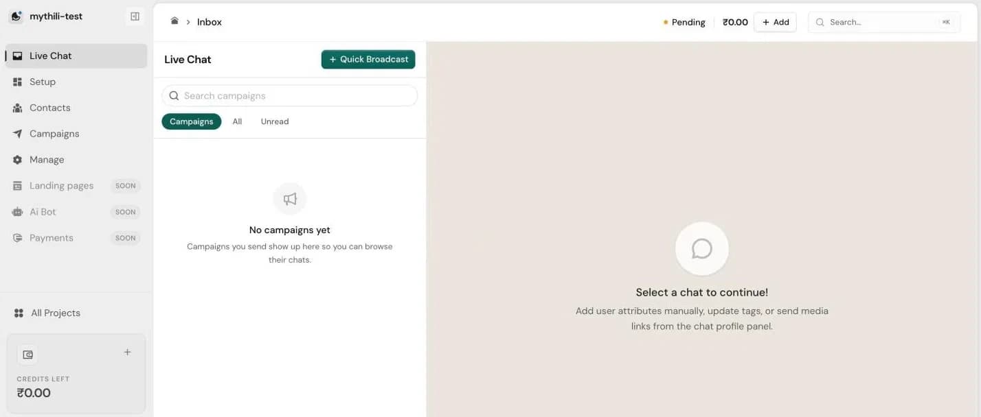 Before: a new account opens on an empty Live Chat with no campaigns yet