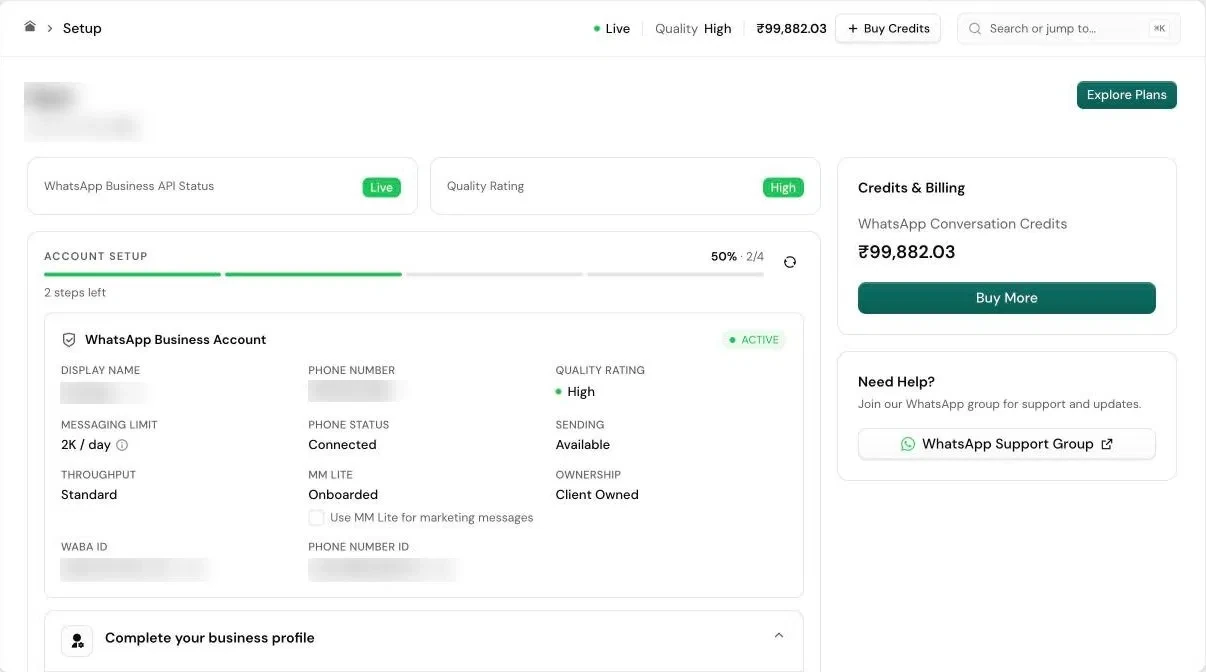 After: the Setup screen, with WhatsApp Business API status, account setup progress and credits