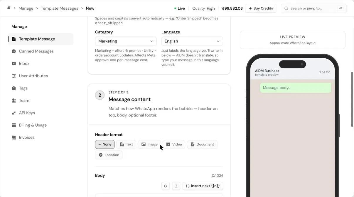 The template builder: Category and Language each explained in one line, with a live WhatsApp preview
