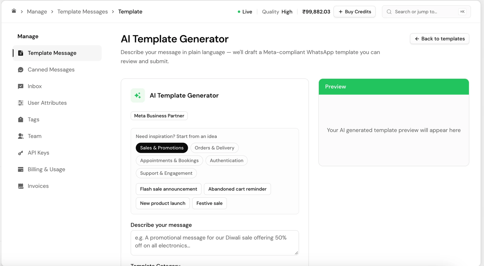 The AI Template Generator: pick an idea, describe the message, and preview the draft
