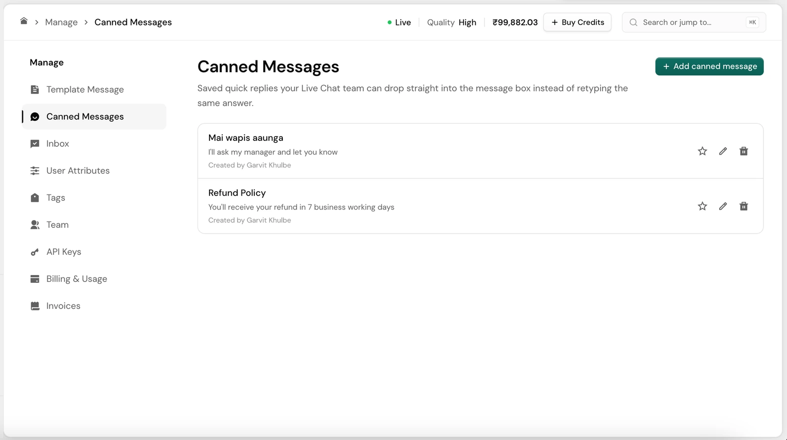 Canned Messages: a list of saved replies