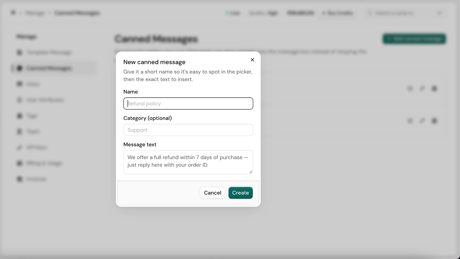 Adding a new canned message: name, category and message text