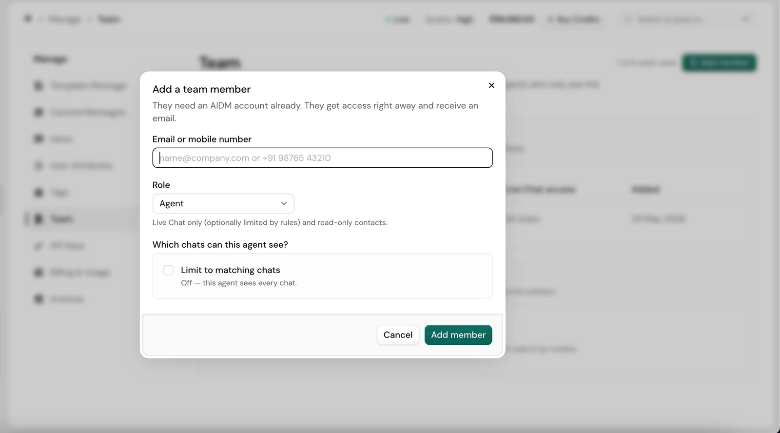 Adding a team member as an Agent, optionally limited to matching chats
