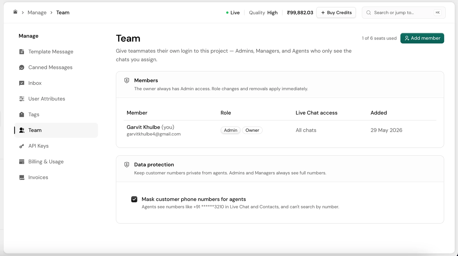 Team: members and roles, with a setting to mask customer numbers for agents