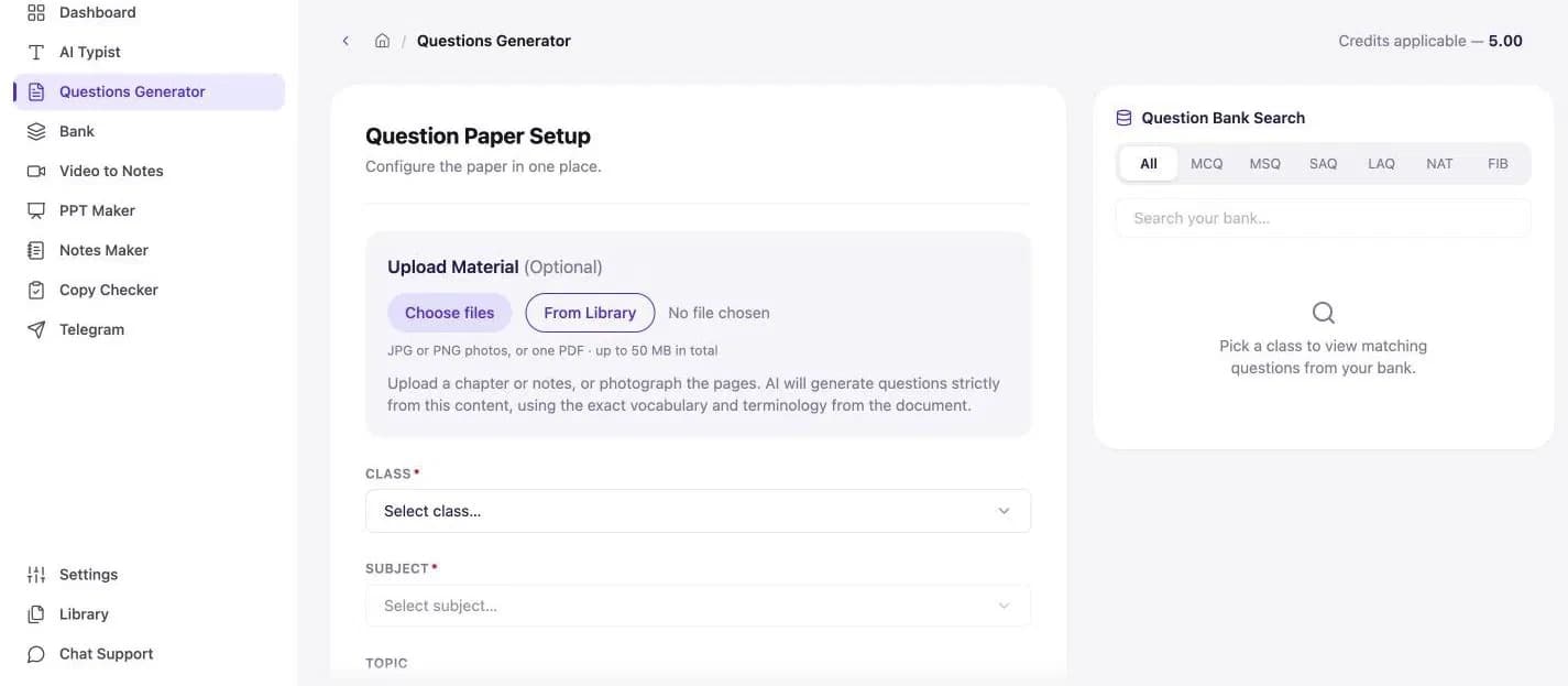 Question Paper Setup in the Questions Generator: upload material, then pick class, subject and topic