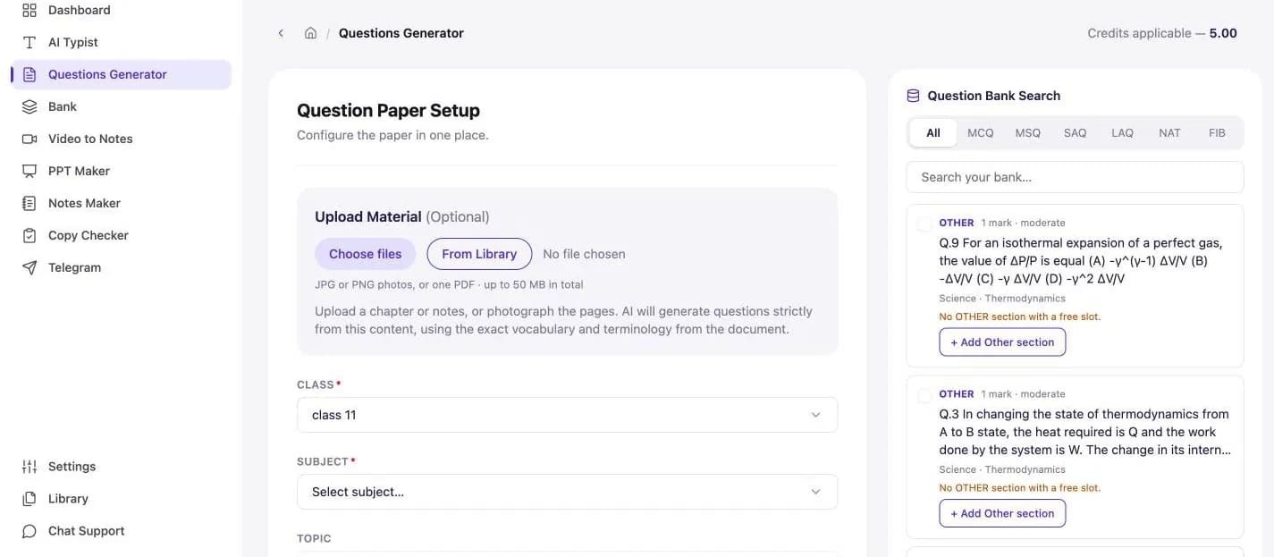 Question Paper Setup with the Question Bank Search beside it, showing matching class 11 questions