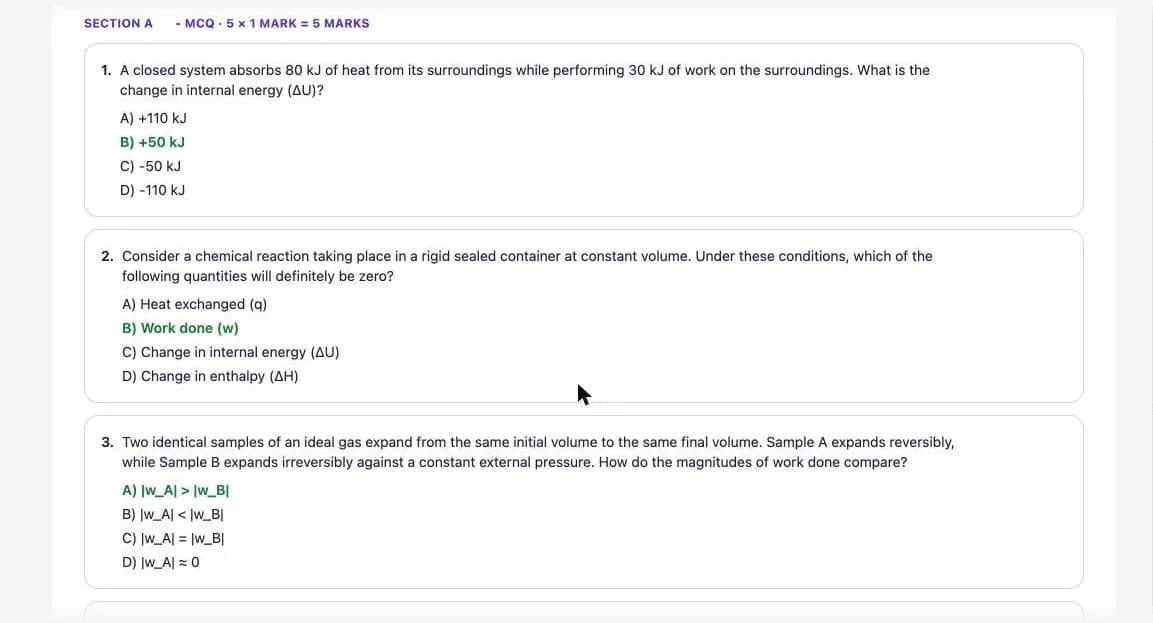 A generated paper: Section A, multiple choice, with the correct answers marked in green