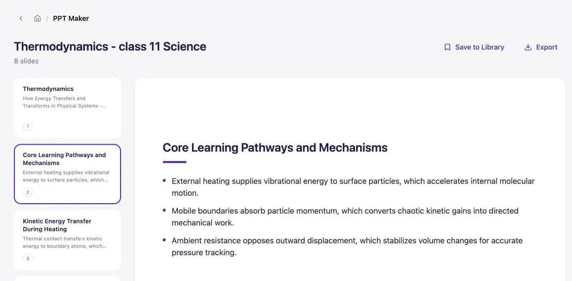 A generated slide deck: Thermodynamics, class 11 Science, 8 slides