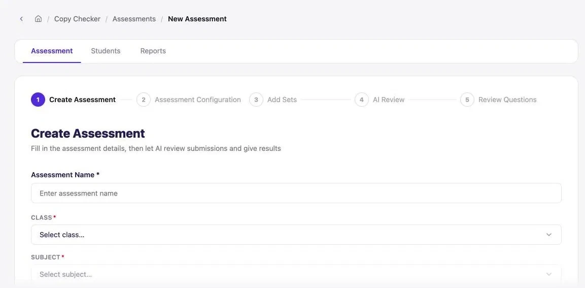 Copy Checker’s five steps: create assessment, configuration, add sets, AI review, review questions